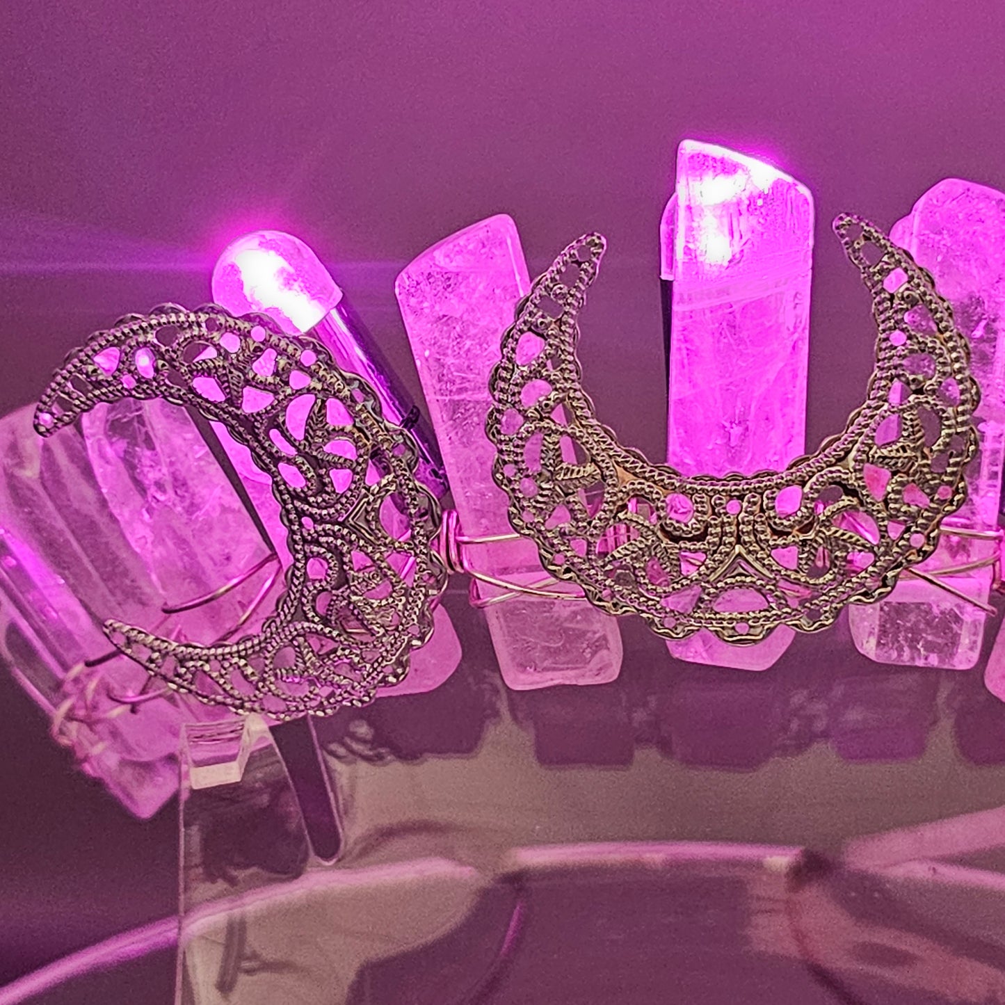 light up clear quartz and pink crystal crown for clarity power handmade gemstone boho goddess bridal tiara