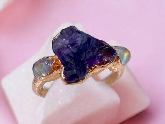 Amethyst Crystal Ring Copper Electroformed in Rose Gold with Moonstone | February and June Birthstone
