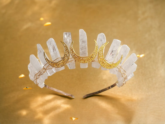 Clear Quartz Crystal Crown with Crescent Moons for Amplification and Clarity