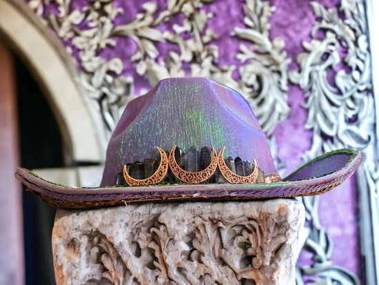Purple Cowgirl Rave Hat with Crystals, Moons and Crushed Gemstones