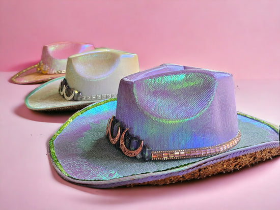 Purple Cowgirl Rave Hat with Crystals, Moons and Crushed Gemstones