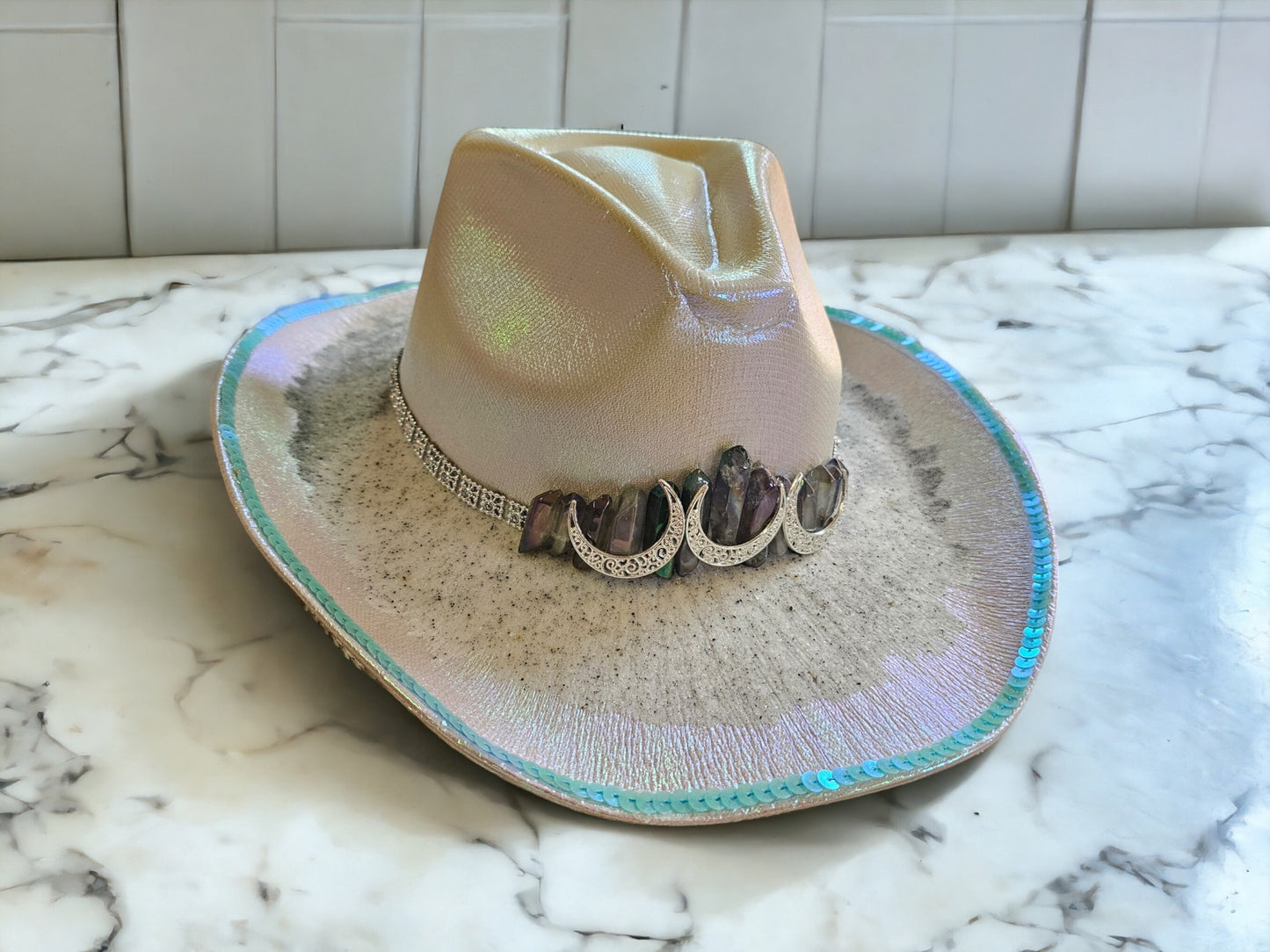 White Cowgirl Party Hat with Crystals, Moons and Crushed Gemstones