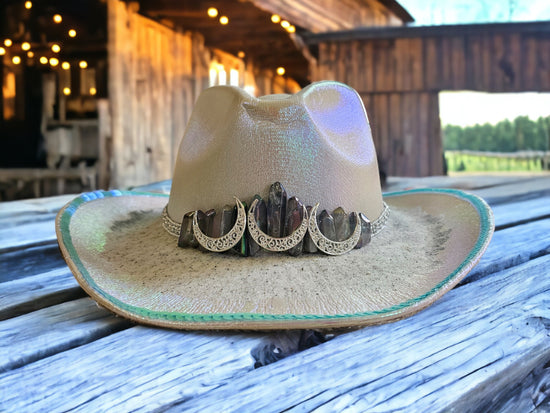 White Cowgirl Party Hat with Crystals, Moons and Crushed Gemstones