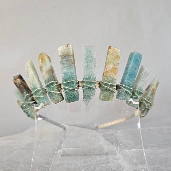 Blue Crystal Crown with Amazonite and Green Aventurine, Festival Gemstone Tiara for Boho Brides and Witchy Rave Babes