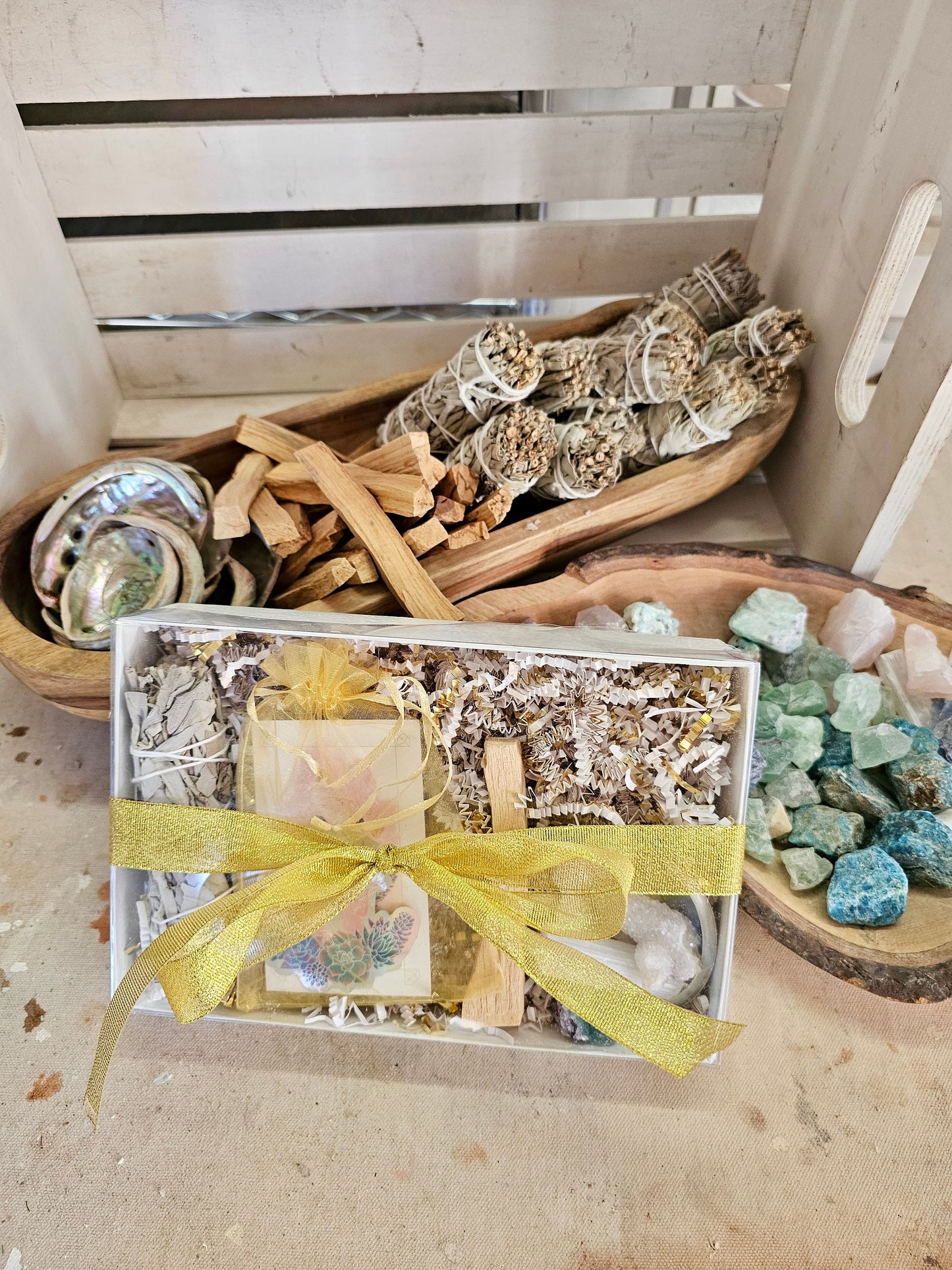 Customizable Healing Smudge Kit Gift Box for Holiday Present with Sage, Palo Santo, Abalone Shell, Selenite, and Crystals