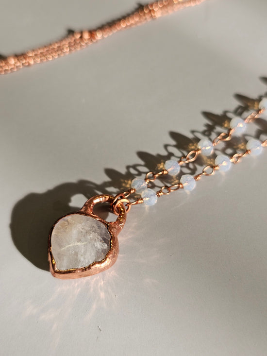 Moonstone Necklace in Rose Gold, Copper Electroformed Heart Shaped Gemstone Pendant