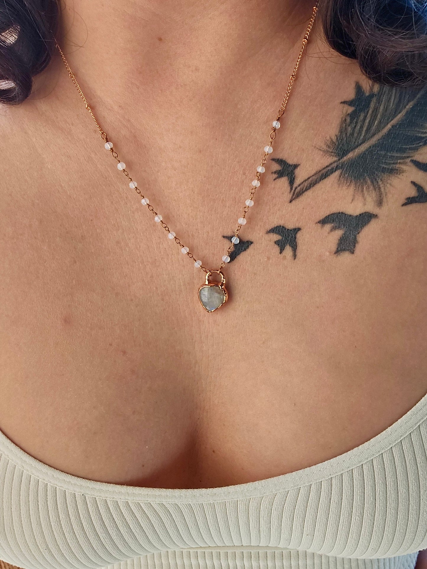 Moonstone Necklace in Rose Gold, Copper Electroformed Heart Shaped Gemstone Pendant
