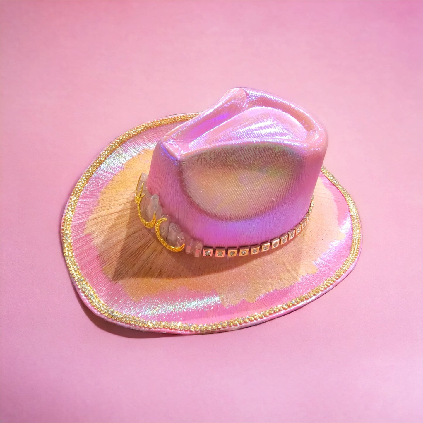 Cowgirl Pink Crystal Rave Hat with Moons and Sustainable Glitter, Iridescent Party Headwear for Bachelorette, EDC, Wedding, or Festival