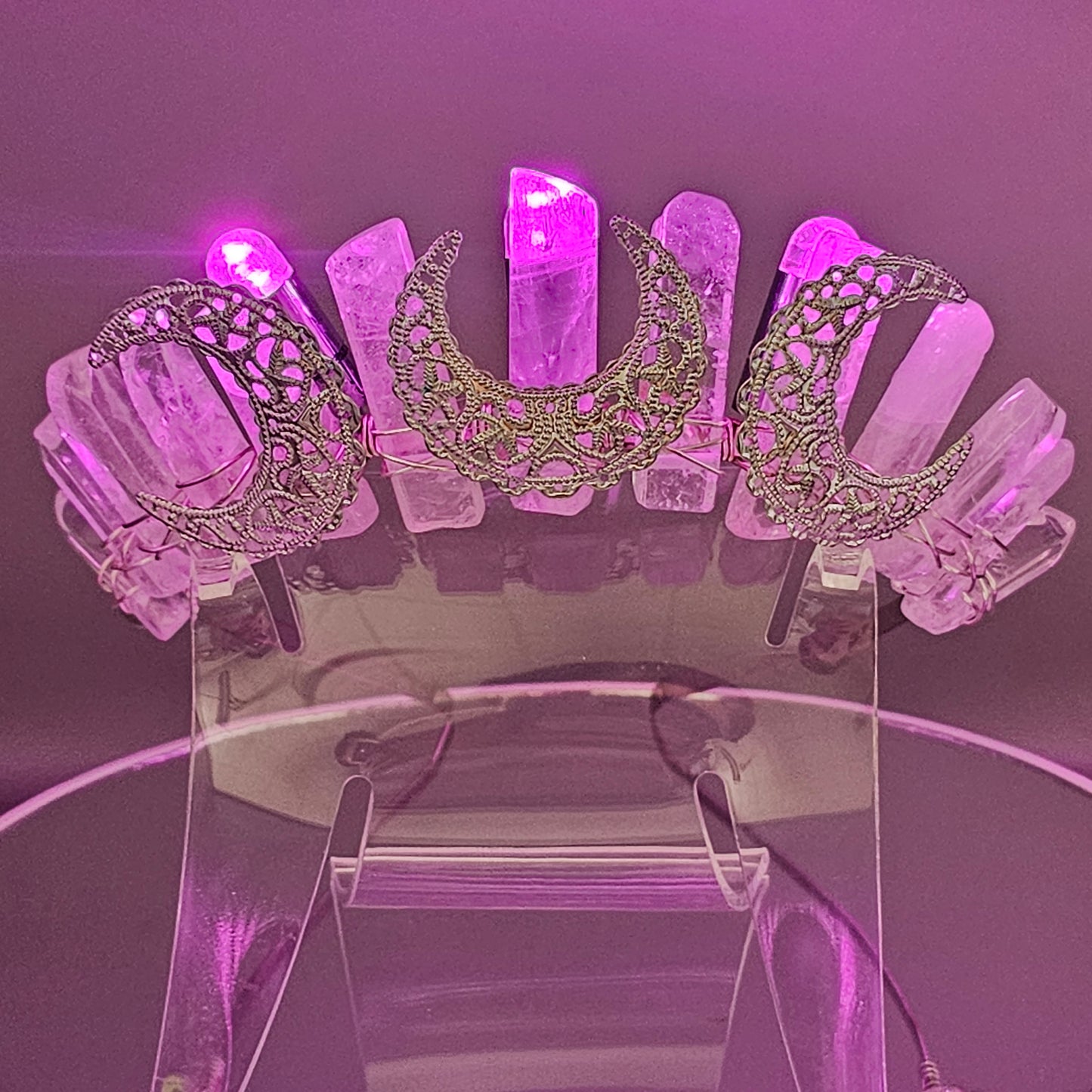 Light Up Clear Quartz and Pink Crystal Crown | Clarity & Power | Handmade Gemstone Boho Goddess Bridal Tiara