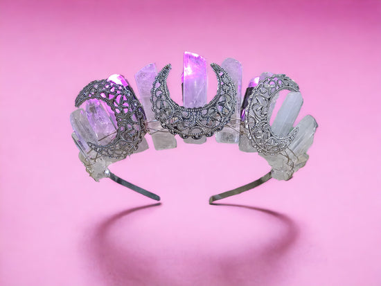 Load image into Gallery viewer, light up clear quartz and pink crystal crown for clarity power handmade gemstone boho goddess bridal tiara
