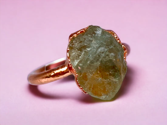 Aquamarine Crystal Ring Copper Electroformed in Rose Gold | March Birthstone