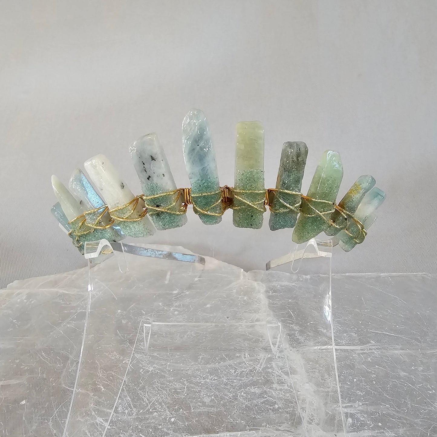 Aquamarine Crystal Crown Embellished with Green Aventurine for Protection & Creativity