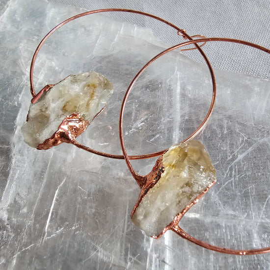 Copper Electroformed Crystal Hoop Earrings in Citrine