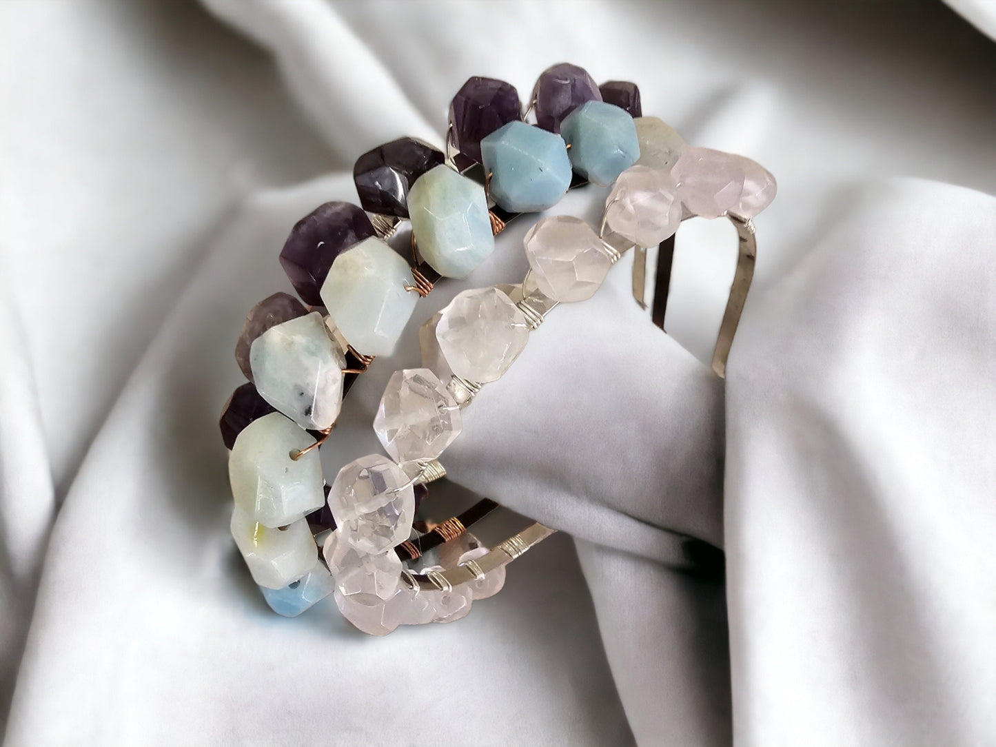 Bridal Crystal Headband with Faceted Genuine Gemstones