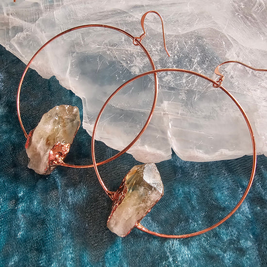 Copper Electroformed Crystal Hoop Earrings in Citrine