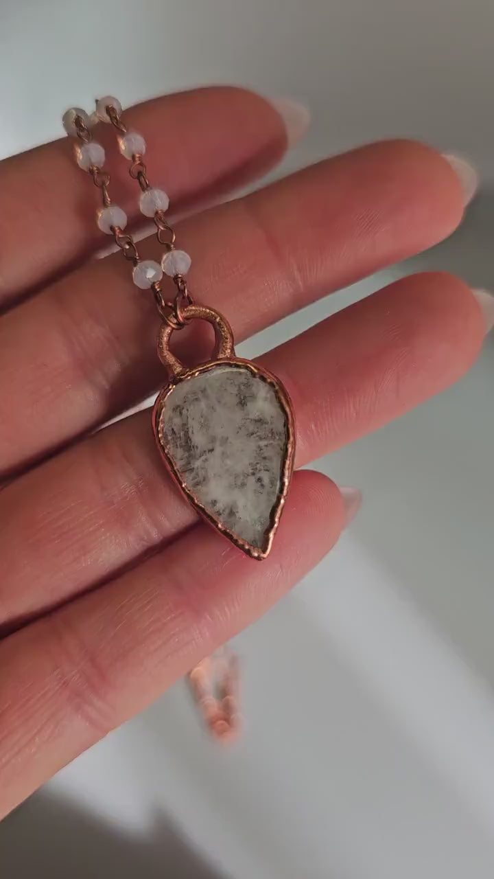 Load and play video in Gallery viewer, Moonstone Necklace in Rose Gold, Copper Electroformed Pear Shaped Gemstone Pendant
