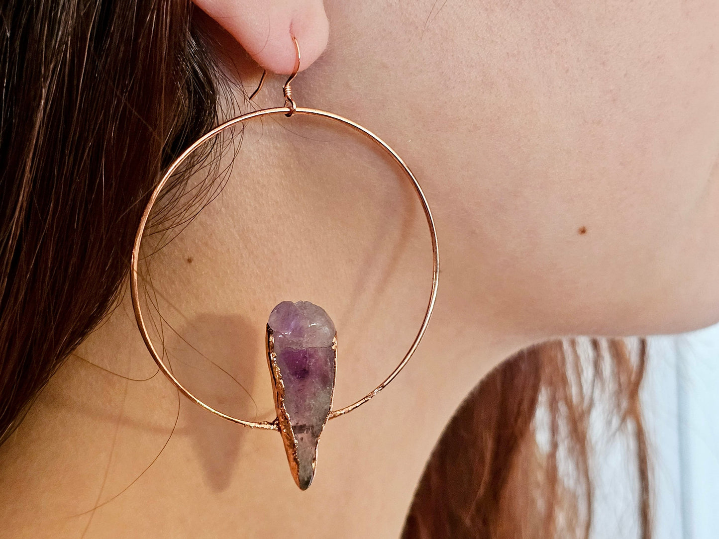 Crystal Hoop Earrings in Amethyst Copper Electroformed, Purple Gemstone Jewelry in Rose Gold