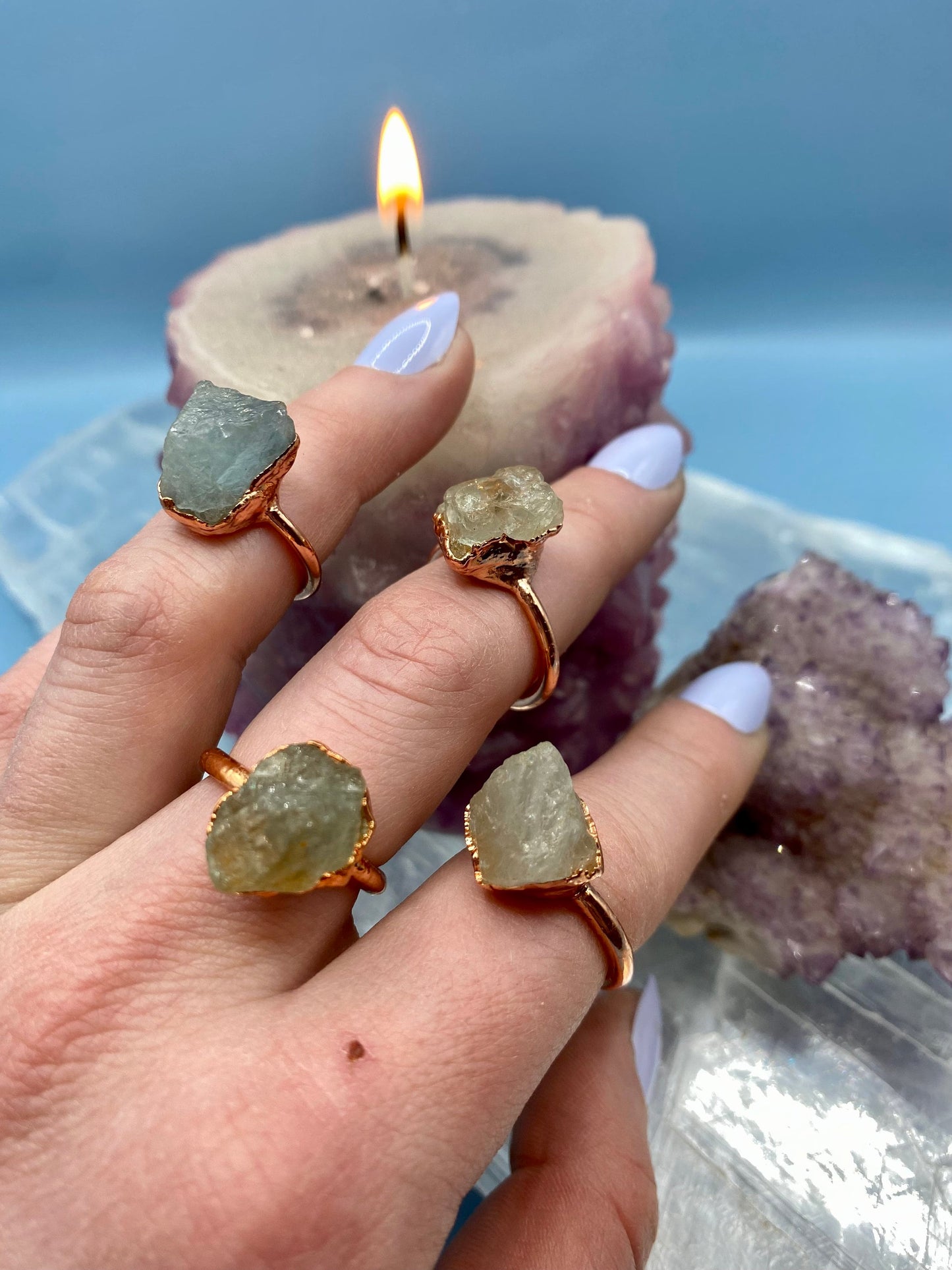 Aquamarine Crystal Ring Copper Electroformed in Rose Gold, March Birthstone Gemstone Jewelry Gift for Her