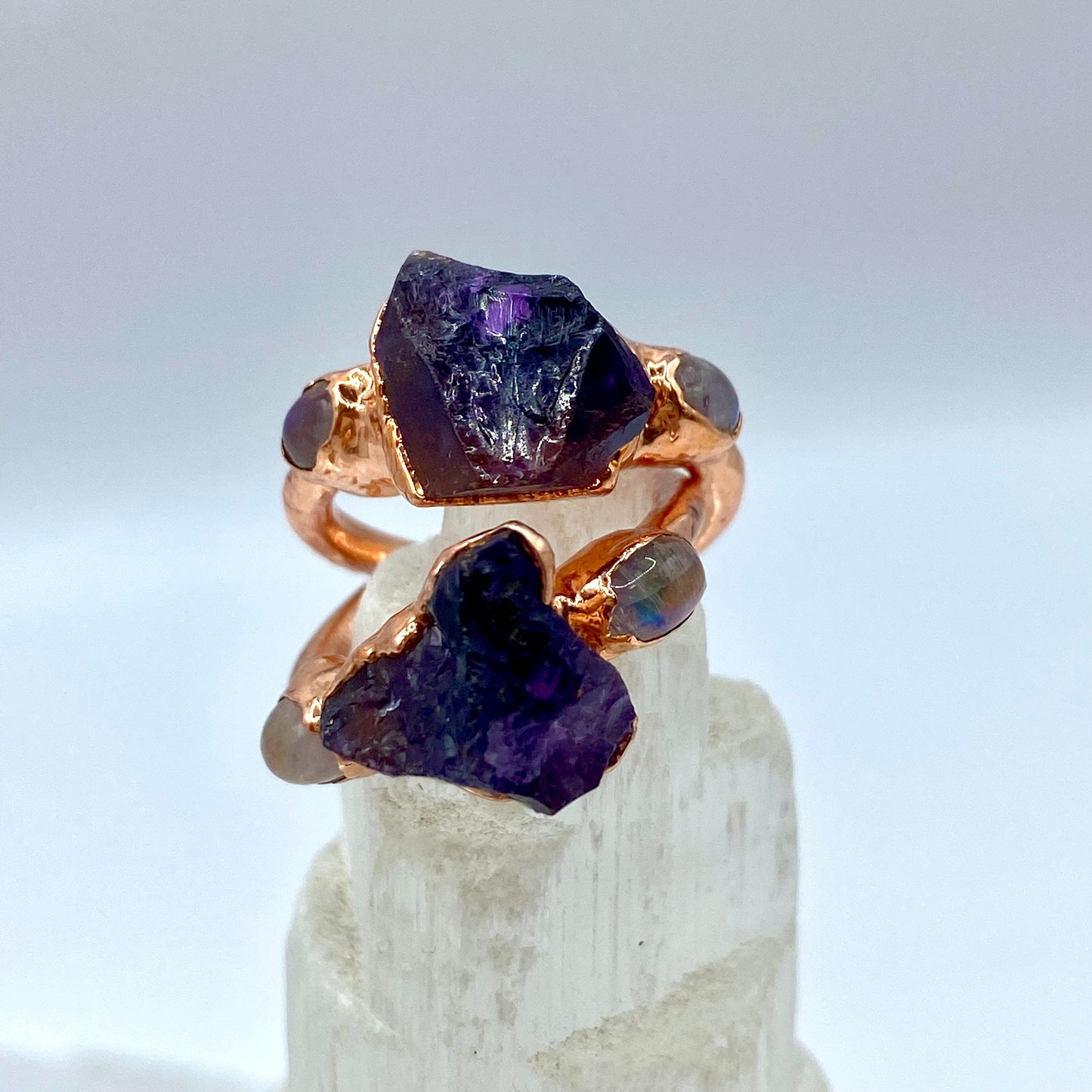 Amethyst Crystal Ring Copper Electroformed in Rose Gold with Moonstone, Gemstone Jewelry Gift for Her