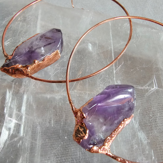 Crystal Hoop Earrings in Amethyst Copper Electroformed, Purple Gemstone Jewelry in Rose Gold