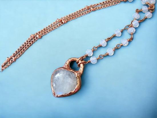 Load image into Gallery viewer, Moonstone Necklace in Rose Gold, Copper Electroformed Heart Shaped Gemstone Pendant

