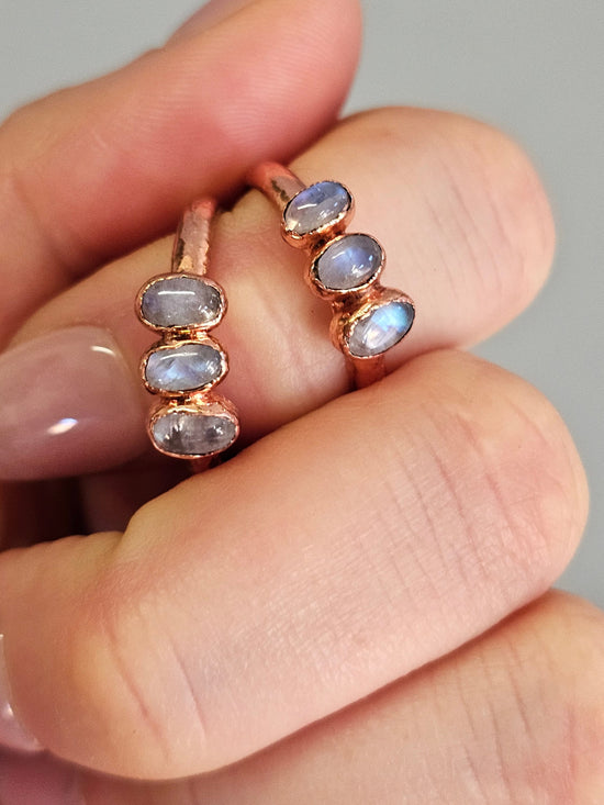 Load image into Gallery viewer, Moonstone Stacking Crystal Dainty Ring Copper Electroformed in Rose Gold with Moonstone, Gemstone Jewelry Gift for Her
