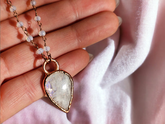 Moonstone Necklace in Rose Gold, Copper Electroformed Pear Shaped Gemstone Pendant