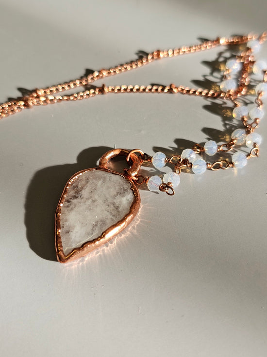 Moonstone Necklace in Rose Gold, Copper Electroformed Pear Shaped Gemstone Pendant