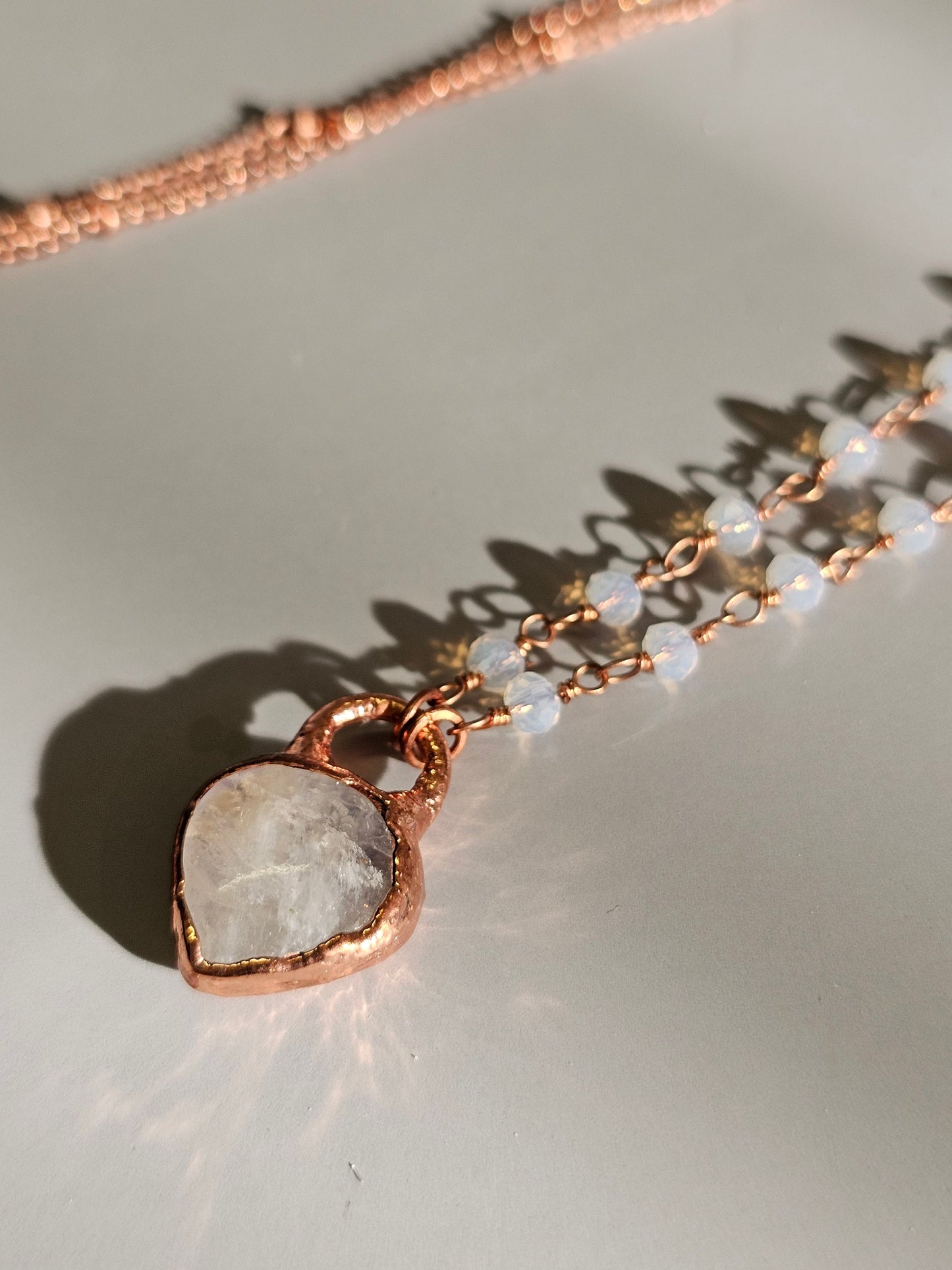 Load image into Gallery viewer, Moonstone Necklace in Rose Gold, Copper Electroformed Heart Shaped Gemstone Pendant
