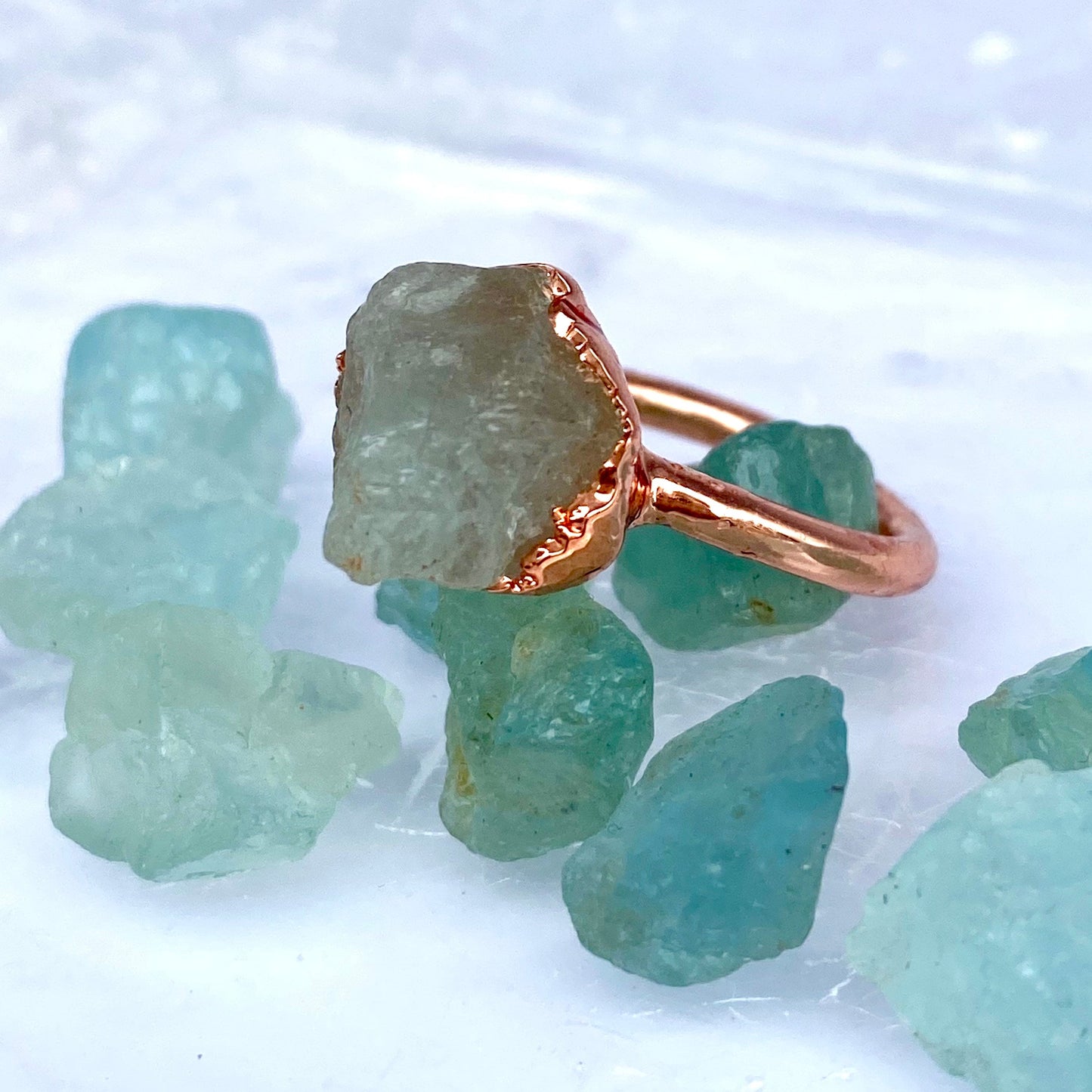 Aquamarine Crystal Ring Copper Electroformed in Rose Gold, March Birthstone Gemstone Jewelry Gift for Her