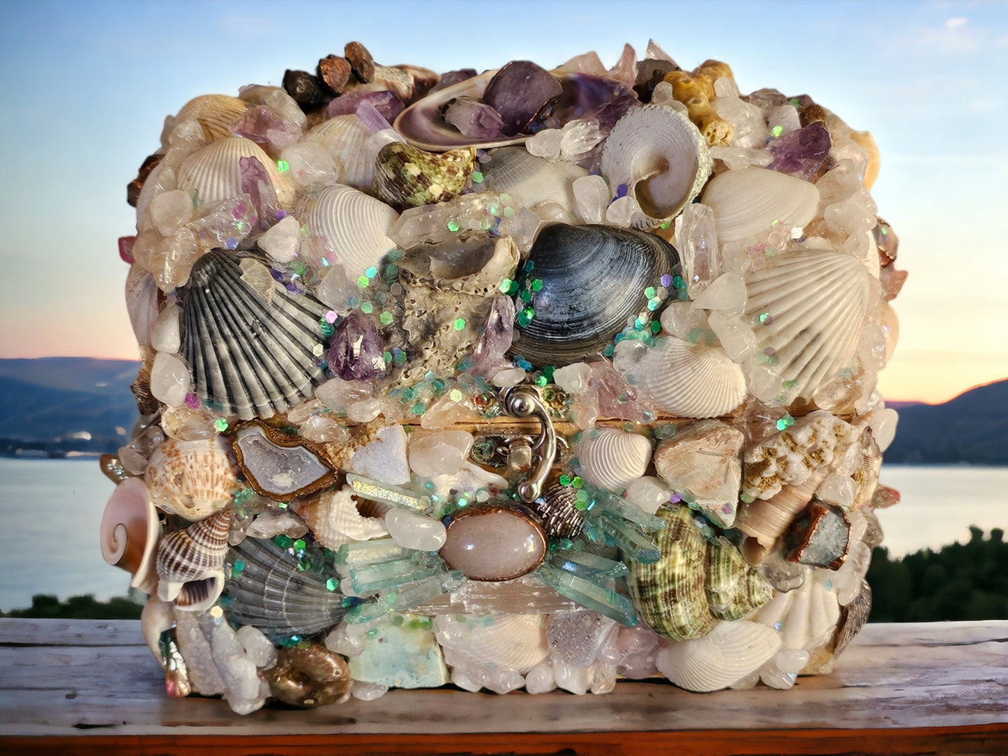 Jewelry Box with Seashells and Crystals, Unique Ocean and Mermaid Keepsake Box with Upcycled Gemstone Jewelry Encrusted with Glitter