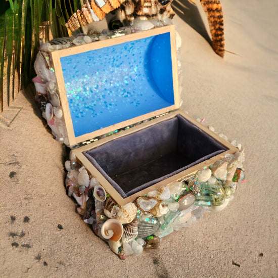 Jewelry Box with Seashells and Crystals, Unique Ocean and Mermaid Keepsake Box with Upcycled Gemstone Jewelry Encrusted with Glitter