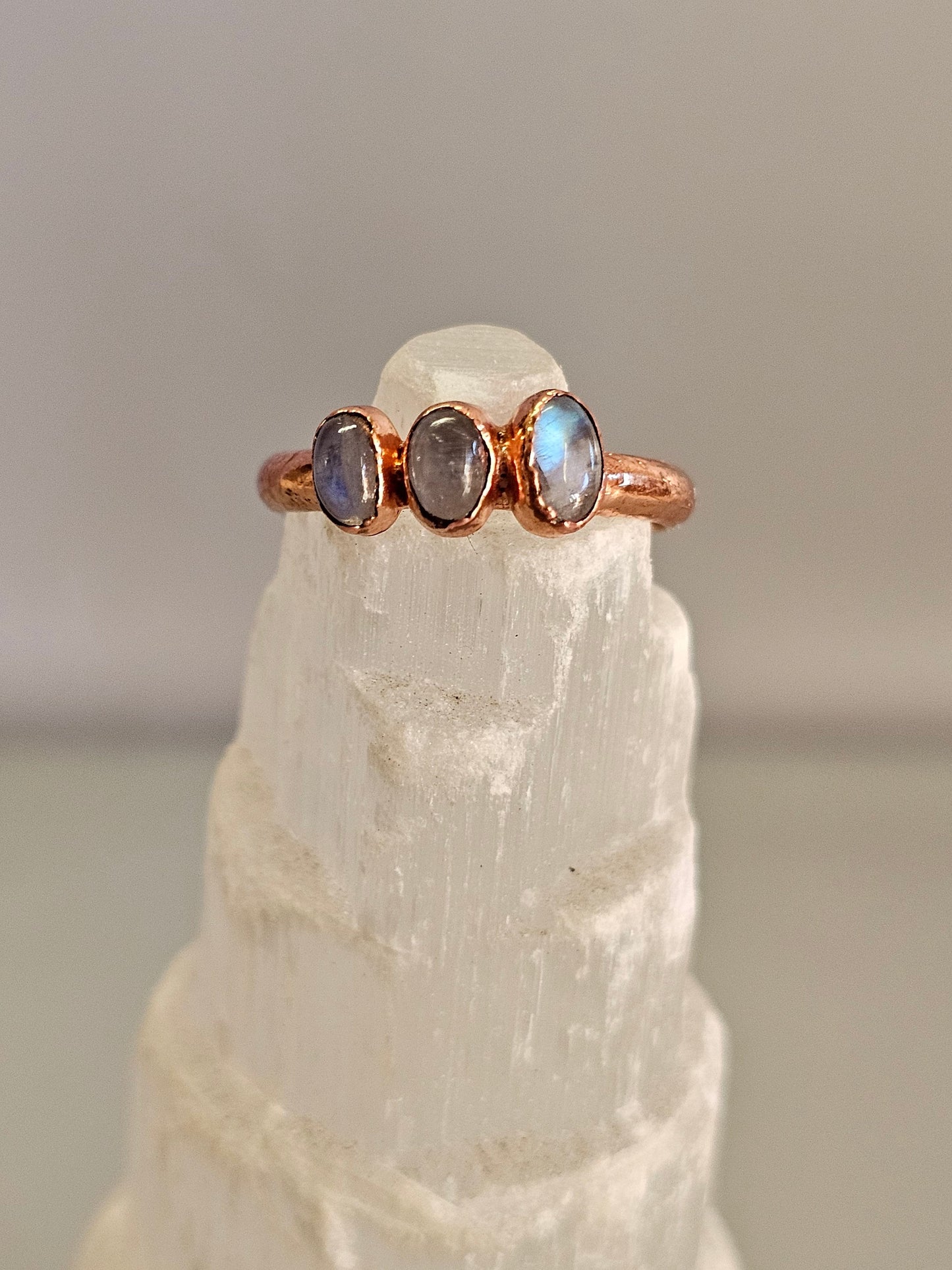 Load image into Gallery viewer, Moonstone Stacking Crystal Dainty Ring Copper Electroformed in Rose Gold with Moonstone, Gemstone Jewelry Gift for Her
