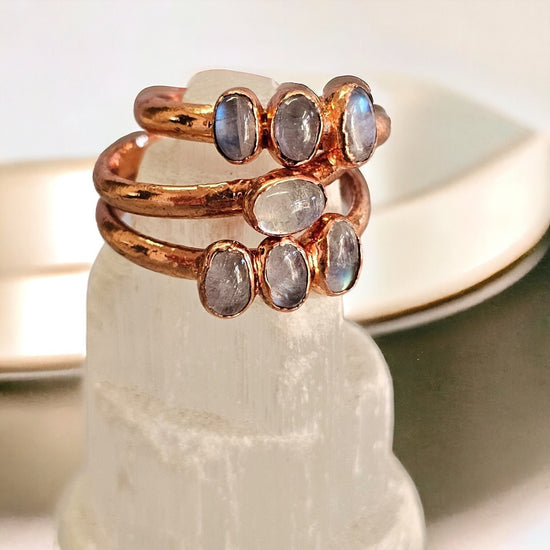 Moonstone Stacking Crystal Dainty Ring Copper Electroformed in Rose Gold with Moonstone, Gemstone Jewelry Gift for Her