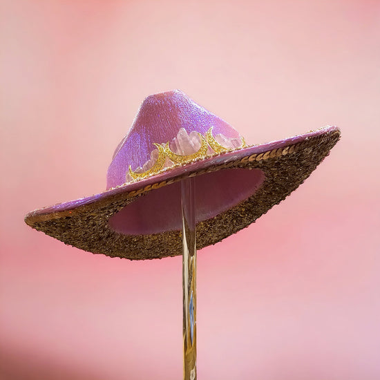 Cowgirl Pink Crystal Rave Hat with Moons and Sustainable Glitter, Iridescent Party Headwear for Bachelorette, EDC, Wedding, or Festival